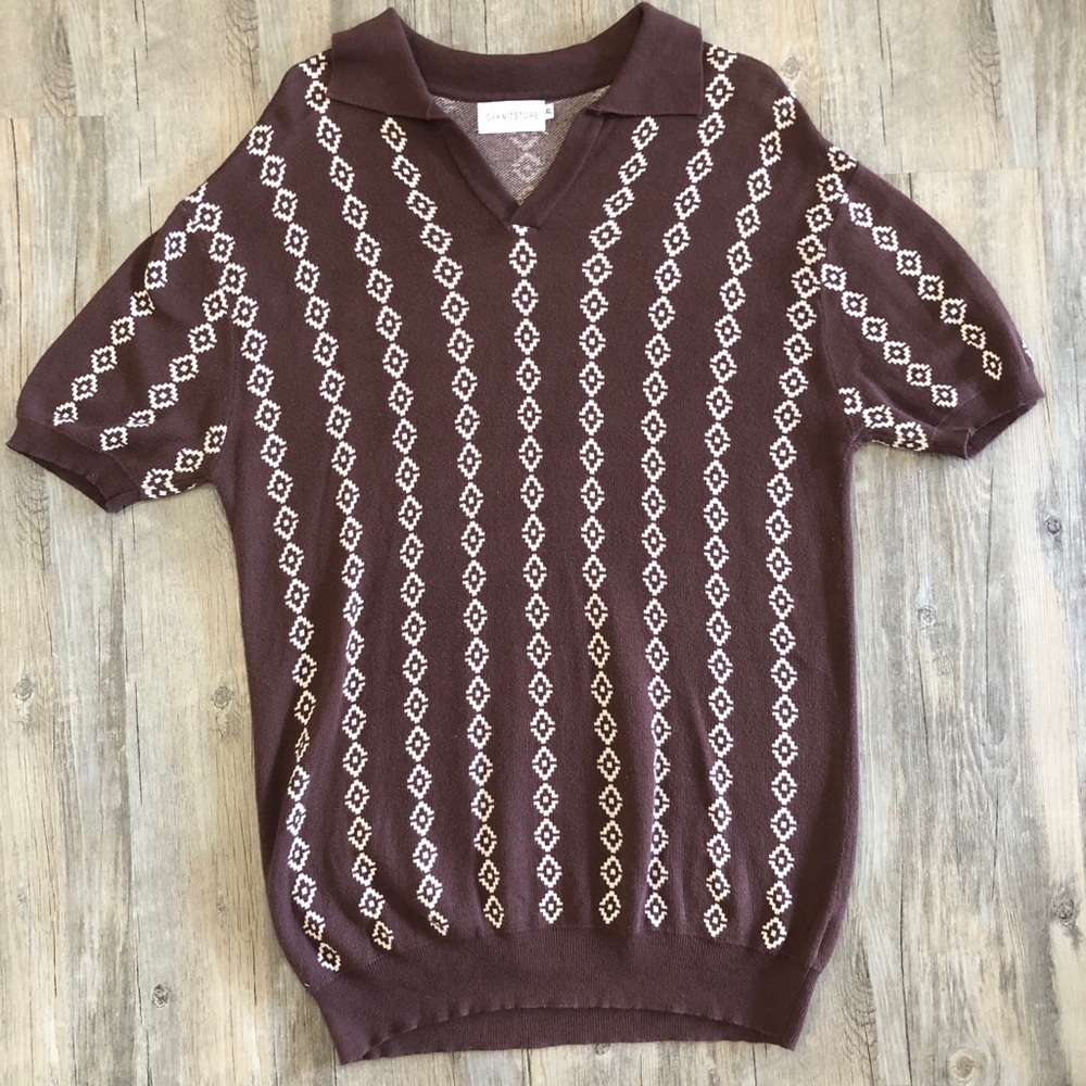 Vintage OXKNIT Store Polo Sweater XL Brown Geometric Knit 100% Cotton Retro